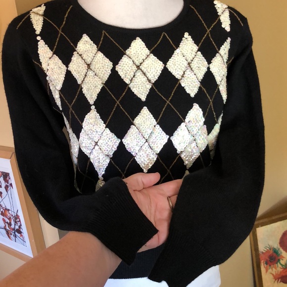 Vintage LIZ CLAIBORNE Size Medium Petite Lambswool Blend Sequin Plaid Carlyle - Picture 9 of 16